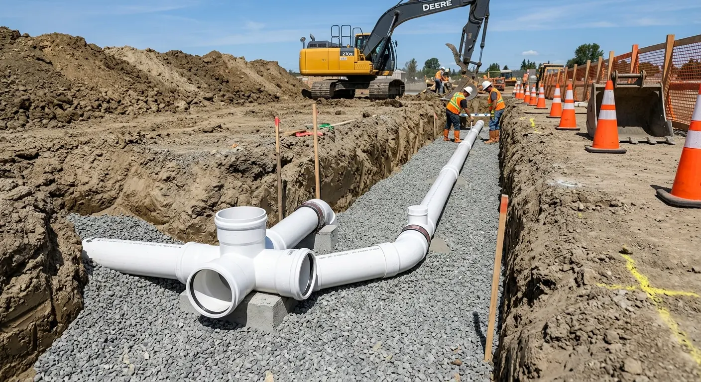 New PVC sewer pipe installation in open trench for Commercial Drain Cleaning in Florence